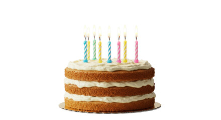 Layered Birthday Cake with Seven Lit Colorful Candles on a Black Background