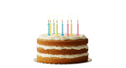 Layered Birthday Cake with Seven Lit Colorful Candles on a Black Background