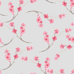 Seamless pattern of sakura on a grey background. Watercolor handmade illustration. For fabric, wallpaper, greeting cards, design, decoration and illustration.