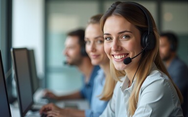 Cheerful customer service representative engages with clients, showcasing professionalism in a call center environment. High quality