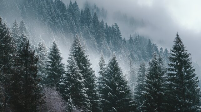 Snow covered evergreen trees on a misty mountain slope forest winter