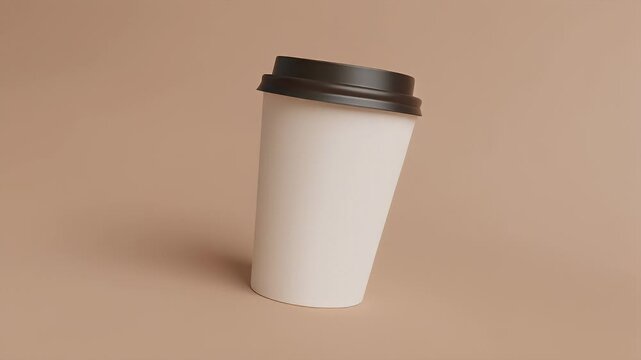 Blank disposable coffee cup with black lid on a minimalist beige background, perfect for custom branding mockups and creative design projects