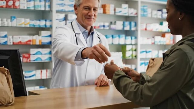 Professional Pharmacist Helps Customer Handing Over Medication at Counter