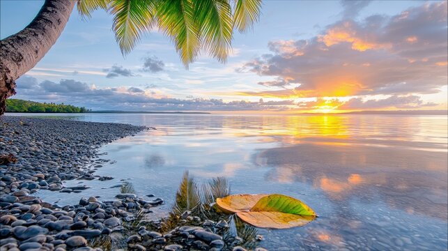 A serene tropical beach scene at sunrise, featuring a palm tree trunk and fronds in the foreground, a pebble shoreline, calm ocean water reflecting the sky, and