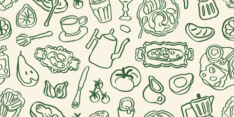Food sketches, doodle pattern. Seamless endless background, coffee, tea and utensils in vintage Italian Dolce Vita style. Repeating print, texture for textile design. Hand-drawn vector illustration