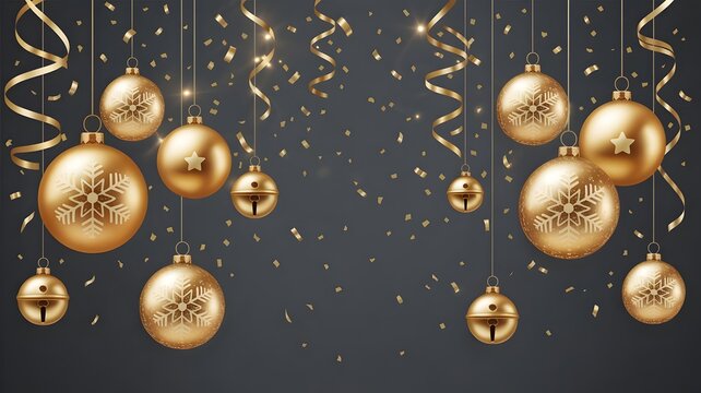 Golden christmas ornaments, bells, and sparkling confetti create a festive holiday background for new year celebrations