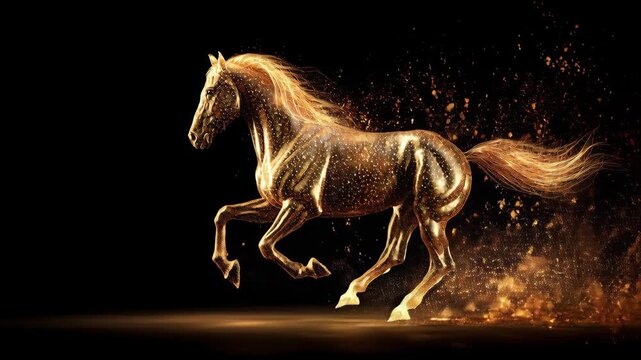 Majestic horse gallops through sparkling golden dust in enchanting night setting