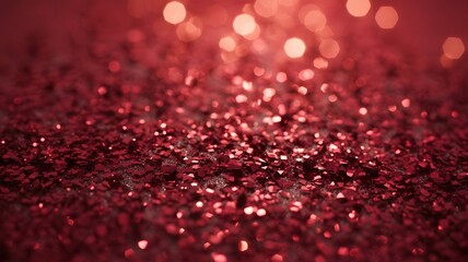 Vibrant red glitter texture with shimmering particles and soft bokeh lights for a festive backdrop