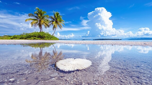 A serene tropical island with lush green vegetation and two palm trees, reflected in a shallow pool of clear water on a sandy beach. A large, fluffy white cloud