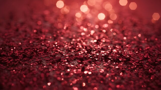 Vibrant red glitter texture with shimmering particles and soft bokeh lights for a festive backdrop