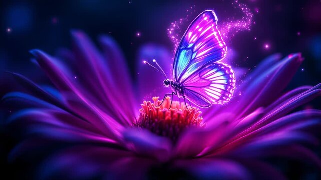Luminous neon color butterfly with sparkling wings sitting on a vibrant, glowing purple flower at night