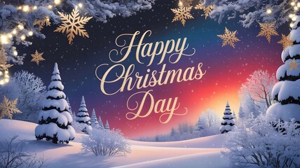 Happy christmas day in a snowy landscape with festive lights, golden snowflakes, and a colorful sky