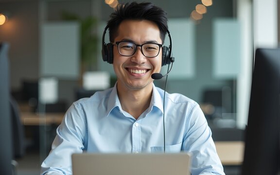 Asian man, laptop or call center worker in communication, customer service or contact us support office. Smile, happy and excited crm consultant or telemarketing receptionist on tech sales consulting