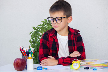 Smart young boy in glasses preparing for school, choosing pencils from the organizer on his desk.