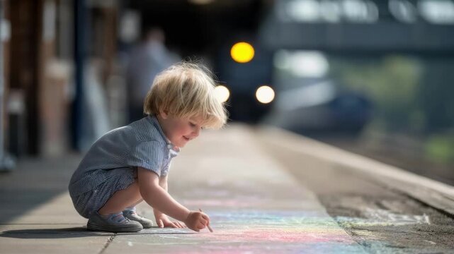 A small child crouches on a platform, drawing with chalk on the pavement as a train passes by in the background.