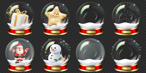 Set of Christmas and New Year transparent snow globes with snow, isolated.