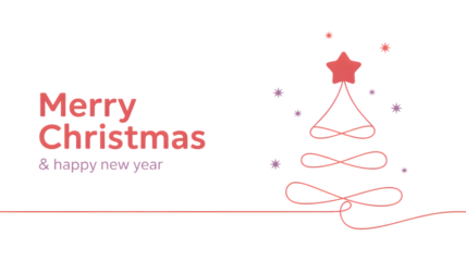 Minimalist merry christmas and happy new year greeting card with a red line art tree isolated on transparent background