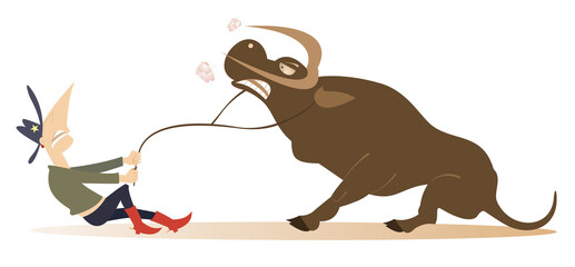 Farmer or cowboy pulling angry bull with rope. Isolated on white background