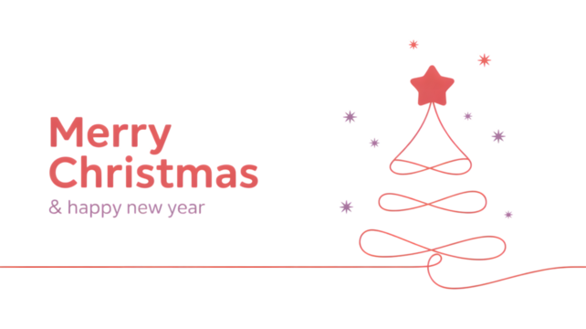 Minimalist merry christmas and happy new year greeting card with a red line art tree isolated on transparent background