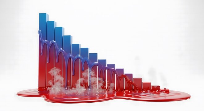 A highly detailed 3D bar chart showing a sharp price decline, rendered in a hyper-realistic style where the bars appear to be actively melting and dripping down the page