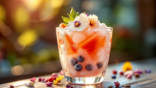 Closeup of a fruity iced beverage garnished with edible flowers and mint on a sunny day