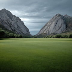 Fototapeta premium Green valley with dramatic rocky mountains, cloudy sky, and lush grassland, peaceful and natural landscape scenery