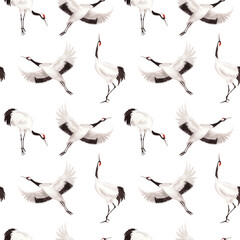 Obraz premium Seamless pattern of japanese cranes Watercolor illustration of crane. Delicate illustration for fabric, wallpaper, greeting cards, design, decoration and illustration.