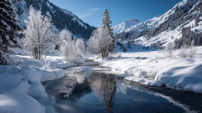 Frozen stream reflects snow covered trees and mountains under clear blue sky winter river - Powered by Adobe