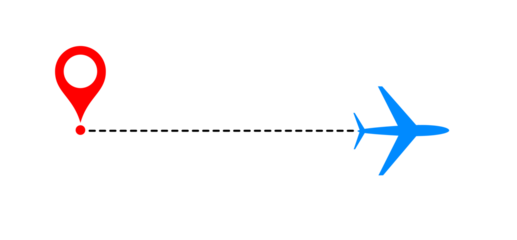 Airplane flying from a location point, dashed line path. A minimalist, conceptual illustration. 