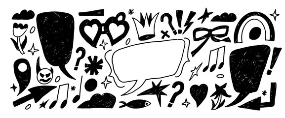 Naklejka premium Ink brush stroke hand drawn dialogue scribble callouts. Doodles text box elements set. Pencil drawn speech bubbles with crown, cloud. Marker text boxes with heart locket abstract vector illustration.