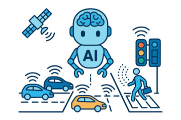 Obraz premium Artificial intelligence managing smart city traffic flow and autonomous vehicle systems