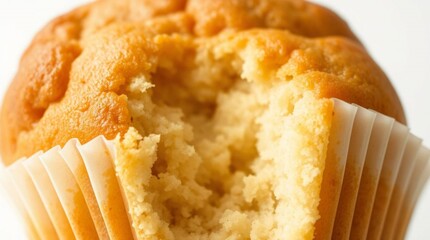 Close-up of a partially eaten muffin in a paper liner.