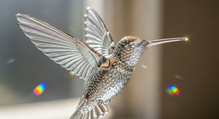 Fototapeta premium Elegant crystal hummingbird figurine reflecting prismatic light sparkles and artistic refinement