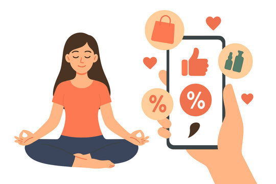 Mindful person balancing wellness and digital shopping with discount symbols on smartphone