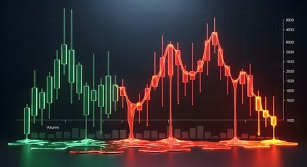 A stock market candlestick chart where all the red (down) candles are rendered as glowing, molten wax, dripping onto the baseline