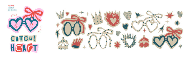 Love symbols collage stickers. Heart cutout with crayon texture patterns. Scrapbook romantic couple sign shape. Vector Valentine craft retro tags with hand drawn devil and angel illustration isolated.