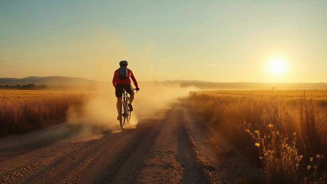 Man cycling on a gravel road during a beautiful sunset, kicking up dust in the golden light
