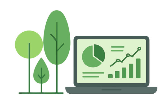 Environmental sustainability metrics displayed on a computer screen near stylized green trees