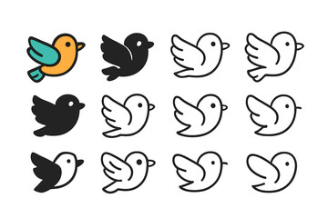 Minimalist flying bird symbols set in different styles for branding and web design