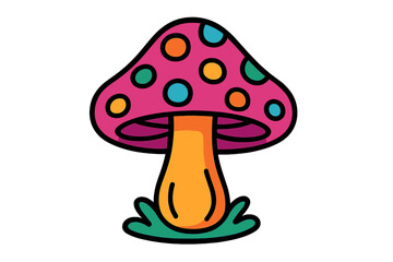 Vibrant psychedelic mushroom with colorful spots and bold outlines standing on green grass
