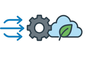 Arrows entering gear mechanism producing sustainable cloud and green leaf icon