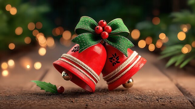 Jingle bells, jingle bells, jingle all the way! Festive red Christmas bells with a green bow, bringing holiday cheer and cozy vibes for the season - Powered by Adobe