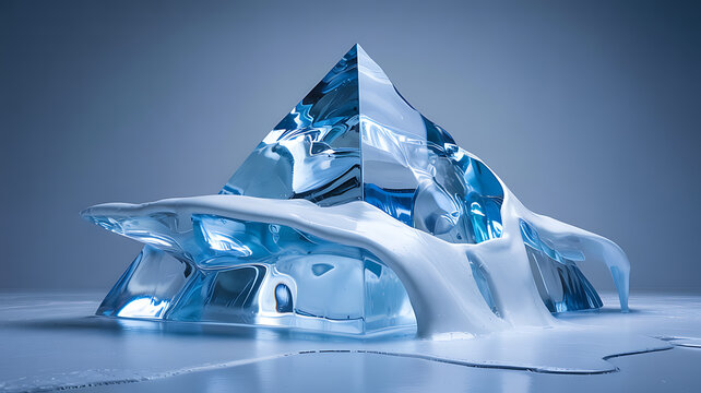 Geometric ice pyramid structure with melting snow on cool blue