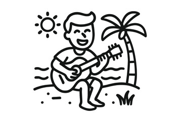 Happy person playing acoustic guitar on a tropical beach under the sun next to a palm tree