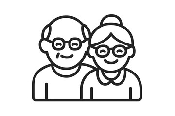 Simple black outline graphic depicting a happy senior couple portrait icon