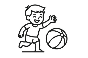 Simple outline drawing of a smiling boy running after a striped inflatable beach ball
