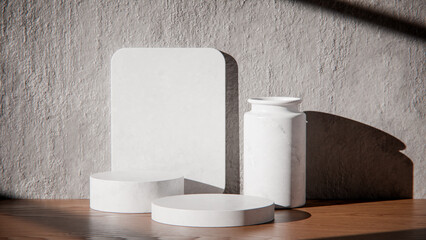 White marble podiums on wood table for product display. Minimalist 3D render with vase and textured wall. Sunlit background for cosmetic or skincare mockup with natural lighting and strong shadows.