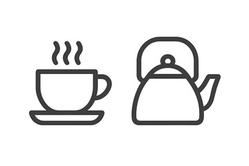 Minimalist line art drawing of a hot steaming cup of coffee or tea next to a classic stovetop kettle