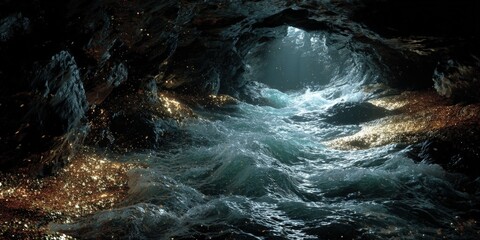 Fototapeta premium Dramatic Cave Interior with Flowing Water, Glimmering Reflections and a Natural Tunnel Opening