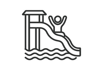 Person sliding down a tall water park slide structure and splashing into the pool